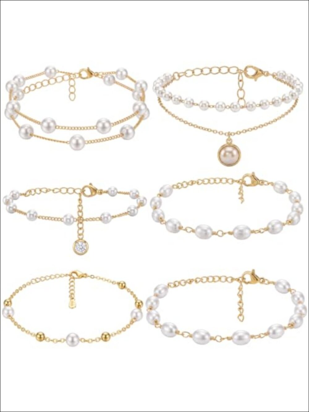 6 Pc Pearl Gold Chain Bracelet Set Hypoallergenic Layered Stackable